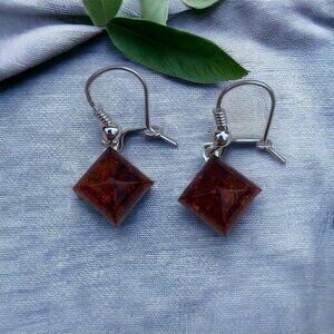 Sterling Silver 925 Diamond Shape Baltic Amber Drop Dangle Earrings